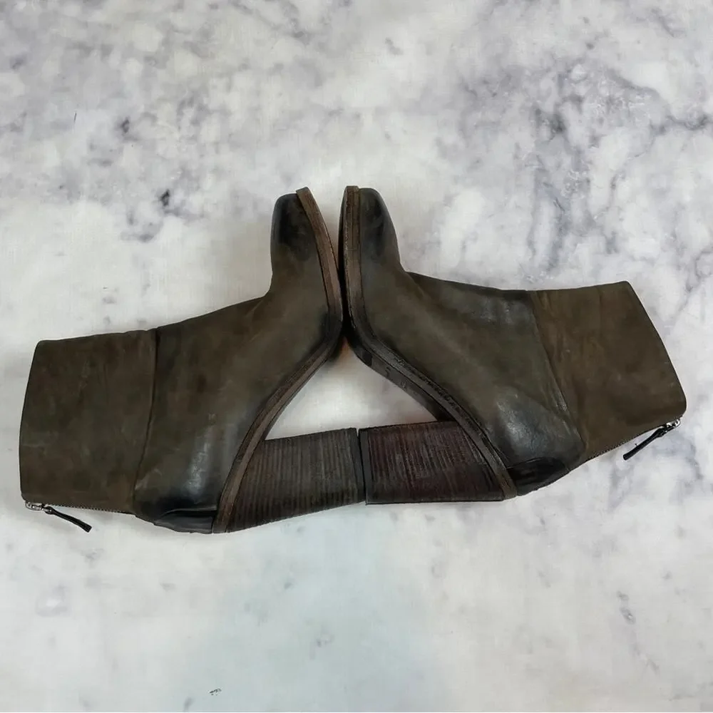 Marsell Bolla Brown Leather Ankle Boots Distressed Zip Back Block Heel Sz 39.5